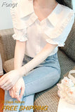 Fashion New Petal Sleeve Solid Color Single Breasted Blouses 2023 Summer Peter Pan Collar Chic Top office lady Shirt
