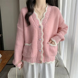 Long-Sleeved Knitted Cardigan V-Collar Warm Soft Style Design Feeling First Love Blouse Female Pink Soft Waxy Coat Autumn-Outfit