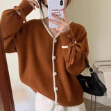 Elegant V-Collar Buckle Design Lantern Sleeves With Knitted Cardigan Autumn And Winter Korean Version Of Thin Blouse-Outfit