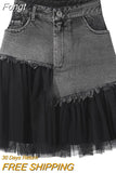 Casual Mesh Patchwork Ruffles Mini Denim Skirts Streetwear Jeans Skirt Female Irregular Pleated