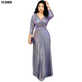 African Dresses for Women Dashiki African Clothes Pleated Africa Skirts Bazin Sexy Gold Stamp Long Sleeve Evening Long