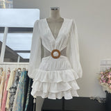 Southeast Asian Trendy Niche Sexy Deep V Folded Long Sleeves Leaking Waist Cake Skirts Solid Dress