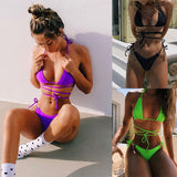 Fongt Hot Style Women's Split Swimsuit New Pure Color Bikini Hot Selling Splicing Hanging Neck Bikini Hot-Outfit