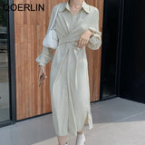 French Temperament High Waist Slim Criss-cross Shirt Dress Women Turn-Down Collar Single-Breasted Long Vestidos