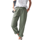 Linen Trousers Solid Color Elastic High Waist