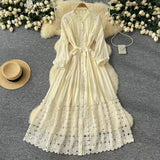 Fongt Retro Hollow Hook Lace Splicing Bow Strap With Waist Single Buckle Over Knee Dress New Autumn New