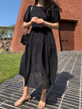 2022 New Fashion Korean Chic Summer Dress Elegant Temperament Lace Hollow Out Puff Sleeve High Waist Mid-Calf