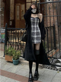 Elegant Two Piece Dress Set Women Korean Style Y2K Plaid Strap Mini Dress Set Female Casual Slim Designer Chic Suit