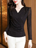 Mujer De Moda 2023 Autumn V Neck Solid Mesh Sequin Blouse Women Bottoming Shirt Long Sleeve Ladies Tops Womens