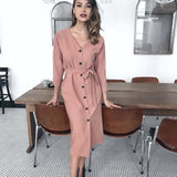Vintage Front Button Sashes A-line Dress Long Sleeve Sexy V neck Solid Elegant Dress 2019 Autumn New Fashion Women