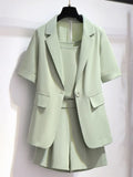 Ladies Elegant 3 Pieces Set Summer Short Sleeve Notched V Neck Blazer+chiffon Vest+shorts Sets For Women
