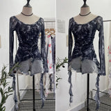 Real Shot One-字 Collared Shoulder Long-Sleeved Mesh Printing Top Irregularly Folded Lotus Leaves With Short T-Shirt