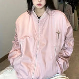 Fongt Vintage Multi-Zipper Work Jacket Female Popular Logo Loose Harajuku Style Baseball Uniform Versatile Jacket-Outfit