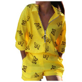 Fongt Women's New Spring Fashion Set Long-Sleeved Print Zipper Top Shorts Two-Piece Set
