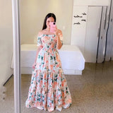 Fongt New Spring And Summer Women's Dress A Word Broken Shoulder Long Printed Fairy