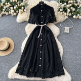 Fongt Summer Women's Dress Small High-End Embroidery Single Buckle Waist Elegant Knee Long Skirt