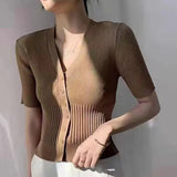 Design Temperament V-Neck Short-Sleeved Knitted Top Woman 2025 Summer Repair Body Slim Short Open