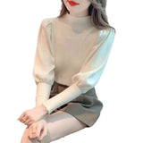 Korean Version Semi-High Round Collar Design Bubble Sleeve Knitted Sweater Autumn And Winter New Foreign Style Pullover Women's Dress-Outfit