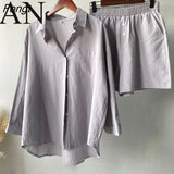 Retro Large Size 2023 Summer Cotton and Linen Shirt Suit High Waist Loose Shorts Two Peice Set for Women Matching