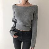 New 2021 Women Autumn Winter Sweaters Knitted Elegant Backwards Irregular Vintage Lace Up Pullovers Short Tops