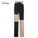 Patchwork Fashion Cargo Jeans Women High Waist Buttons Fly Streetwear Straight Pants 90s Retro Punk Straight Denim