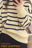 Casual Striped Loose Sweaters Women Turn-down Collar Winter Autumn Oversized Long Sleeve Knitted Tops Female
