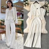 Fongt Feel Set 2025 Spring Women's Metal Buckle Vest Knitted Open-Shirt Broad Leg Pants Fashion Three-Piece Set