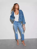 Direct Selling Spring And Summer Fashion Lady Blue Broken Hole Tassel Nine Split Pants Small Foot Jeans-Outfit