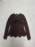 Fongt Lace Splicing Deep V-Neck Long-Sleeved T-Shirt Girl 2025 New Blouse