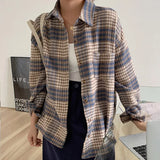 Women Vintage Oversize Woolen Plaid Shirt Pockets Batwing Sleeve Turn-Down Collar Thick Blouse Autumn Casual Warm