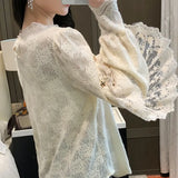 Crochet Lace Blouse Women Chic Ruffle Lace Stitching Shawl Ladies Stand Collar Tops 2023 Spring Long Sleeve Slim