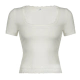 Black Lace Stitched Crop Top Women Casual Short Sleeve Square Collar Slim T-shirts Summer Harajuku Solid Tees y2k Vintage-Outfit