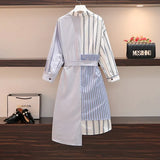 Women Striped Patchwork Shirt Dress Spring 2021 Long Sleeve Patchwok Bow Lace-up Loose Casual Asymmetric