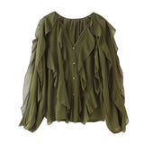 Fongt Women's V-Neck Folding Trim Shirt Long-Sleeved Top Loose Woman