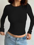 Summer Solid Crew Neck T-Shirt, Casual Long Sleeve Top For Spring & Fall,Women's Clothing-Outfit