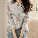 Fongt 2025 New Chinese Style Improved Cheongsam Peach Shirt Retro Buckle Long-Sleeved Printed Shirt Woman