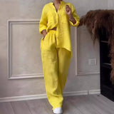 Fongt New Women's Solid Color Single-Button Long-Sleeved Shirt Two Sets Of Wide Leg Trousers With