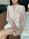 Fongt Xixi 2025 Autumn White Standard Temperament Collared Flowers Chiffon Shirt Women Long Sleeve Tops Women Tide 89576