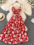Women Beach Long Dress Summer Sexy V Neck Spaghetti Strap Backless Boho Floral Dresses Woman A-line High Waist Party