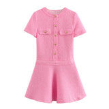 Fongt Women's New Pocket Round-Neck Texture Short-Sleeved Dress 7062