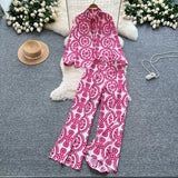 Fongt Familiar Wind Wearing A Female Fashionable Loose-Fitting Long-Sleeved Printed Shirt + High-Waisted Casual Broad-Legged Trousers Set