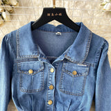 Fongt Water Wash Denim Dress Women's Autumn New High-End Thin Temperament Waist Single Buckle Long Skirt