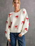 Fongt Red Bow Decoration Loose Round Collar Collar Sweater Autumn Top
