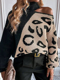 Fongt And Winter New Sweater Women Feel Shoulder Leopard Splicing High-Neck Knitting Shirt Factory