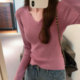 V-Collar Solid Color Long-Sleeved Woolen Blouse A New Style Slim And Slim Sweater In Autumn And Winter-Outfit