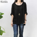 ZANZEA Retro Womens O Neck Long Sleeve Split Baggy Cotton Solid Casual Loose Solid Tops Shirt Party Blouse