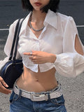 Blouse Hollow Out Crop Top Y2K Clothes Long Sleeve Top Autumn Spring Solid Turn Down Collar Streetwear Button Up