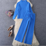 Winter Knitted 2 Piece sets Women's Thick Warm Casual Pullover Sweaters+Wide leg pants Tracksuits Korean