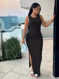 Fongt Women's Commuting Pits Long Dress Sleeveless Round Collar High-Waisted Ass