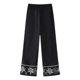 Fongt Summer New Women's Collar Short-Sleeved Embroidered Shirt Tight High-Rise Straight Trouser Set High-Waist Design